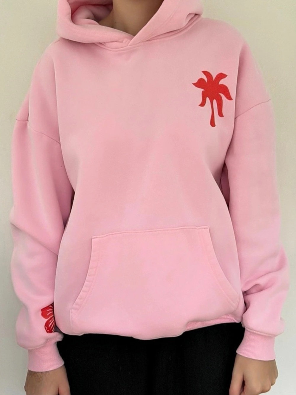 Pink Palm Puff Everything Comes in Waves Hoodie Pink Medium